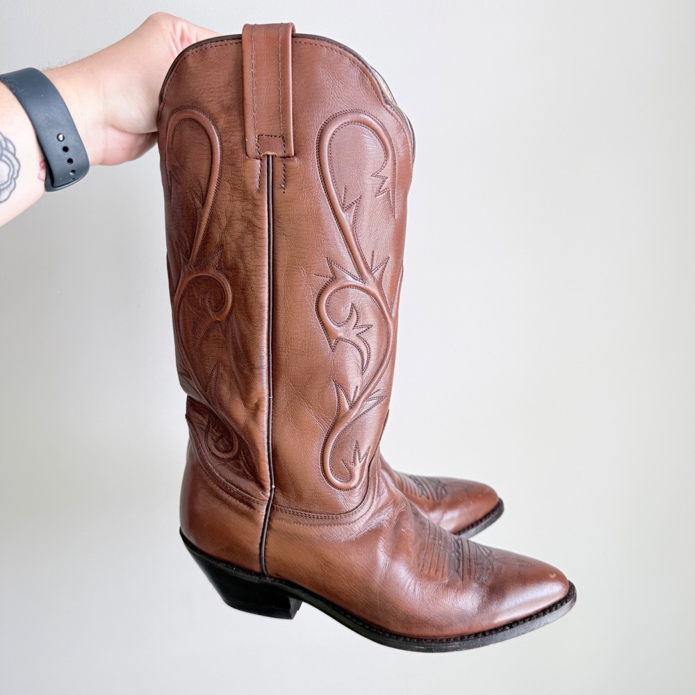 Dan Post Brown Leather Western Cowgirl Boots 13 Inch Shaft Pointed Toe Women 9.5